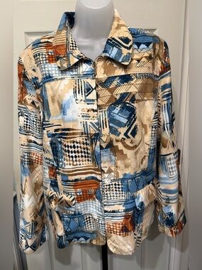 Alfred Dunner Men's Abstract Pattern Lightweight Jacket in Blue, Tan & Cream